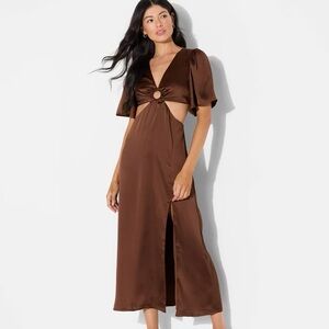NWT Wild Fable Flutter Sleeve Brown Maxi Dress with Side Cutouts Size S